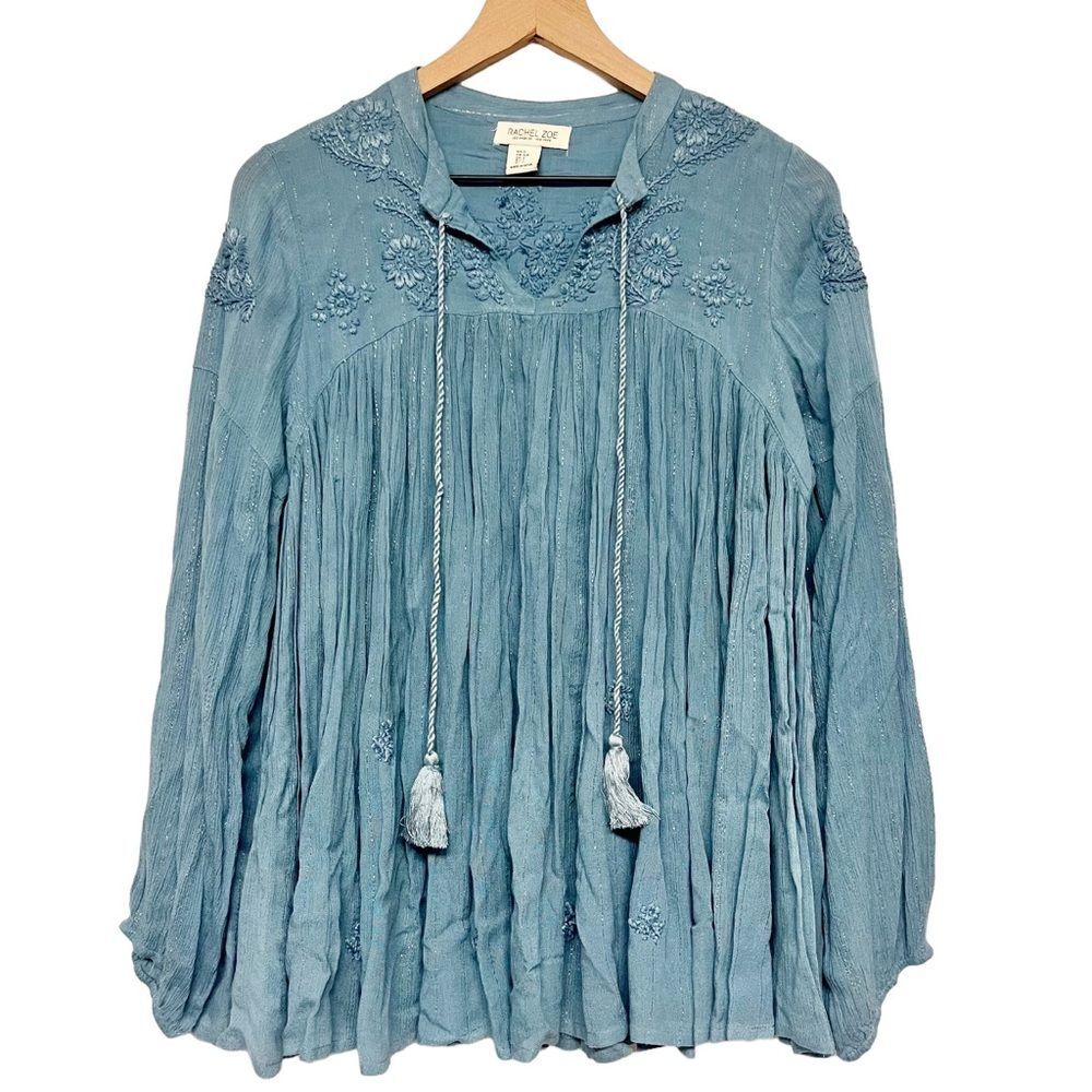 Rachel Zoe Embroidered Tunic Top Size S Peasant Blouse Flowy Boho Babydoll Blue